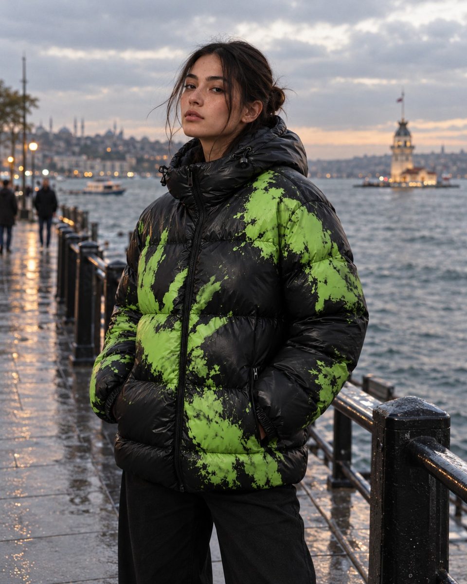Aurora mont giyen kadın, Üsküdar sahilinde, arkada Kız Kulesi